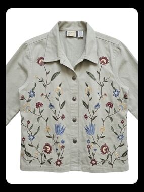 Embroidered Floral Cotton Jacket - Light Sage